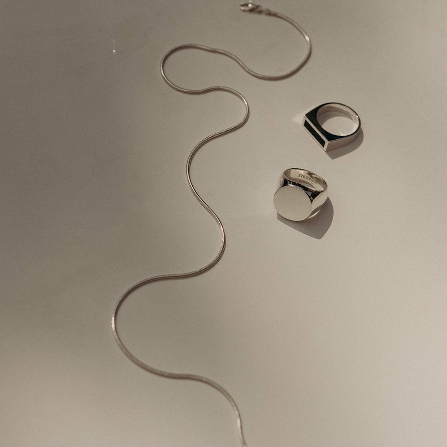 LOUPN Mirror Signet, Rectangle Black Onyx Ring, Snake Chain Necklace